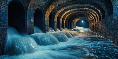 Naklejka premium Mysterious Underground River: A Captivating View of an Ancient Brick Aqueduct