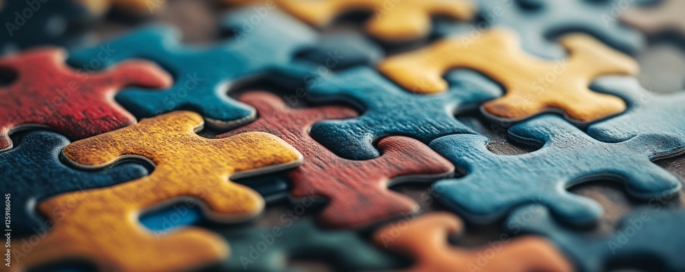 Poster colorful puzzle pieces coming together on a wooden surface symbolize problem solving and collaborati