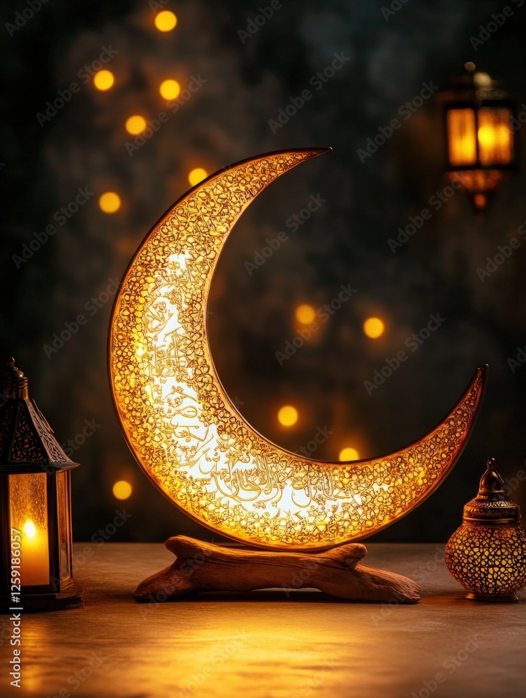 Poster illuminated crescent moon decoration with lanterns and warm lighting. dark background with bokeh eff