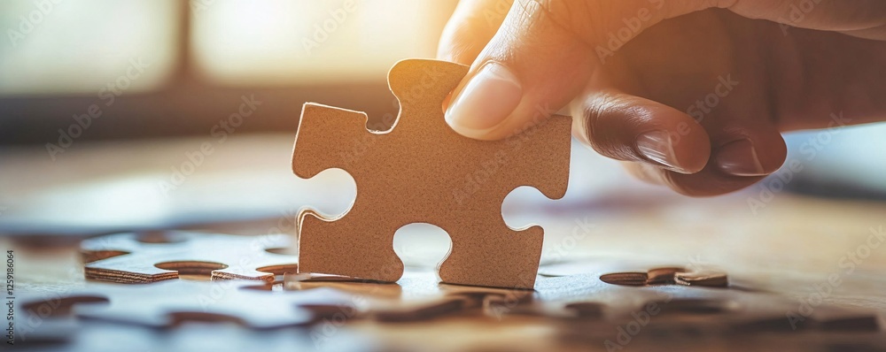 Poster businessperson completing a jigsaw puzzle with the last missing piece, placing it into the strategy 