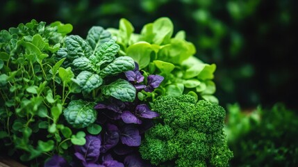 Fresh and Vibrant Mix of Green Leafy Vegetables Displayed on Wooden Surface in Nature Background