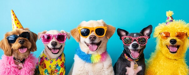 Five dogs dressed in vibrant costumes and sunglasses pose for a birthday celebration
