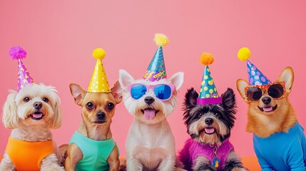 Five adorable dogs in festive attire and party hats celebrate a birthday bash