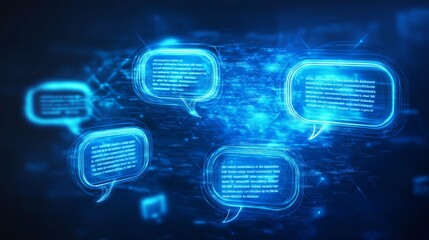 Glowing blue digital speech bubbles on abstract futuristic background