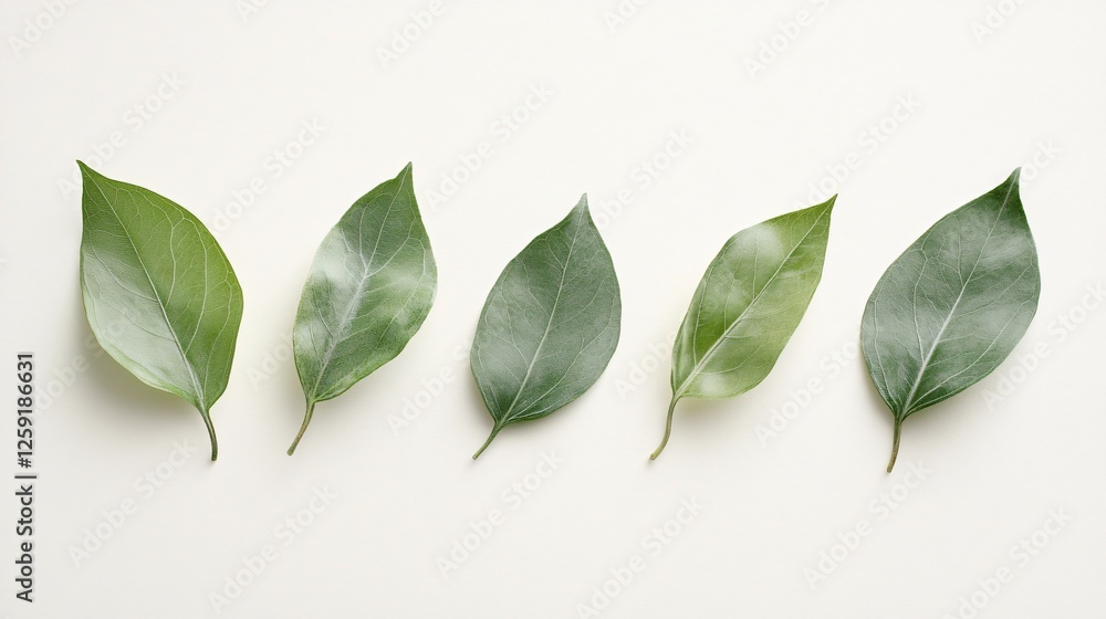 Poster delicate natural image is created by five green leaves resting on a clean white background