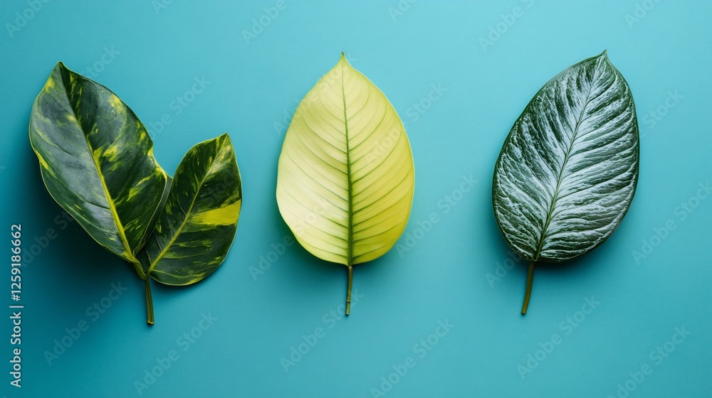 Poster vibrant and refreshing image of three tropical leaves resting on a blue background