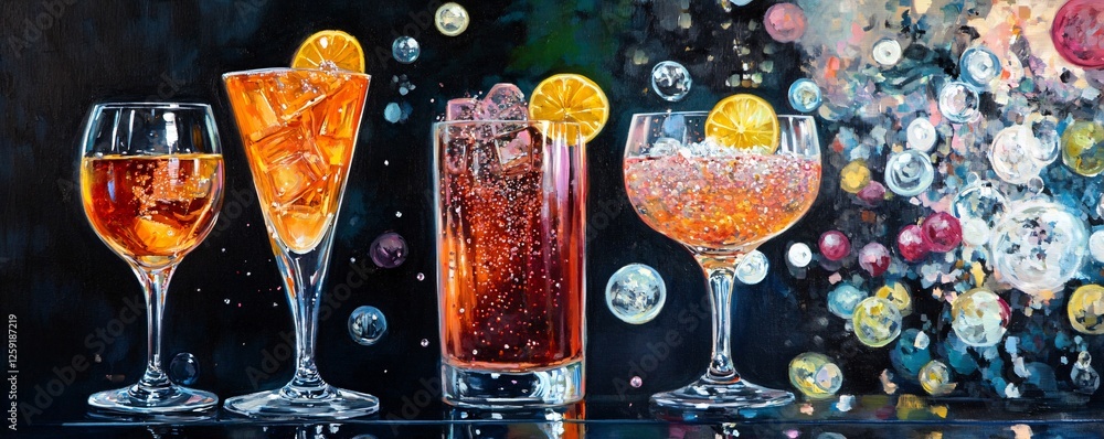 Poster four sparkling cocktails with ice and orange slices are bubbling on a dark backdrop with vibrant bub