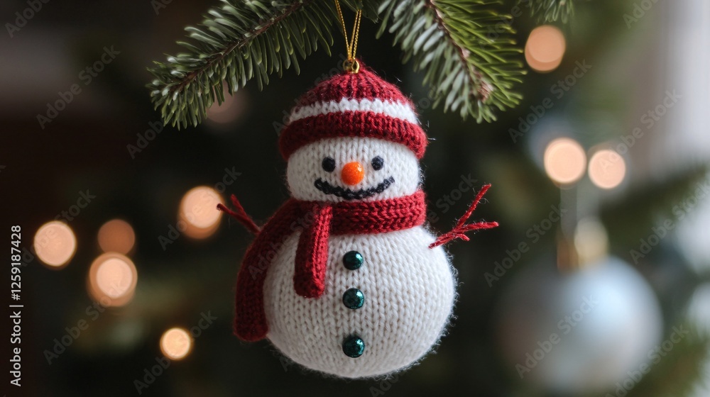Poster adorable knitted snowman ornament hanging from a christmas tree branch with twinkling lights in the 