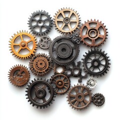 Assorted gears and cogs, steampunk design, white background, intricate machinery