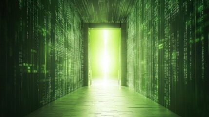 Fototapeta premium Digital Corridor: A Journey into the Green Matrix