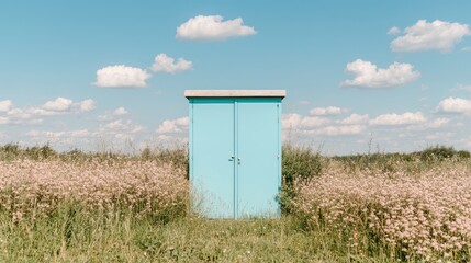 Obraz premium Blue door in field, summer sky, wildflowers