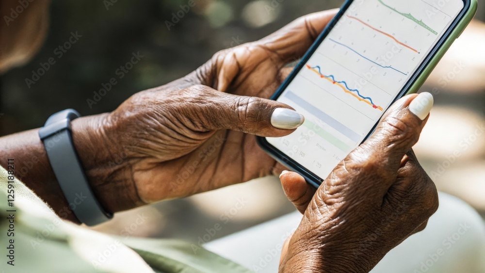 Poster a closeup shot of wrinkled hands tapping on a smartphone screen displaying a colorful graph of sleep