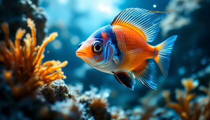 Obraz premium Orange Ram Cichlid Swimming in Aquarium with Coral and Aquatic Plants