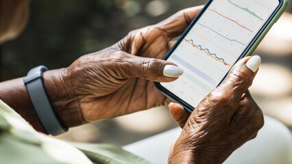 A closeup shot of wrinkled hands tapping on a smartphone screen displaying a colorful graph of sleep patterns with a sleek biodata bracelet peeking from beneath the wrist.