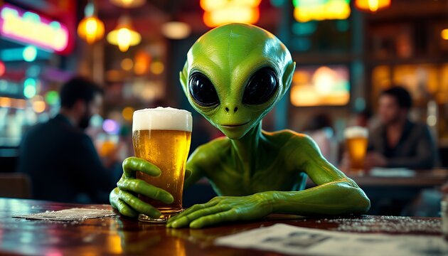 Alien Enjoying Beer at Bar with People Relaxing Around Him