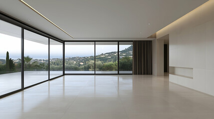 Fototapeta premium Modern villa interior, panoramic sea view, empty room, luxury home