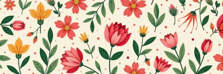 Whimsical floral patterns in shades of pink, peach and green , nature, art, interior
