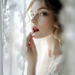 A bride applying ipstick during her wedding preparation