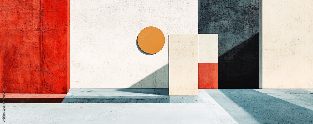 Poster modern architectural design with red, white and grey walls, creating geometric shapes with the shado