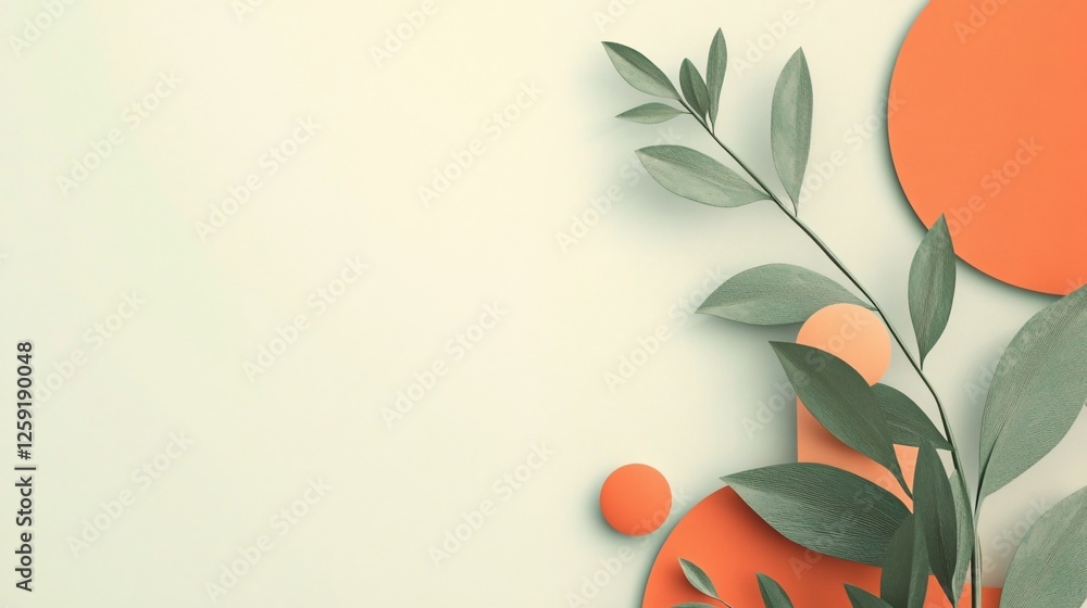 Poster green leaves resting on a soft green backdrop with orange circles forming a natural design