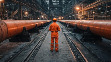 Naklejka premium Industrial Worker in Orange Jumpsuit at Night