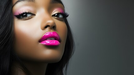 Striking portrait of a model with vibrant pink lips, capturing bold elegance and modern allure