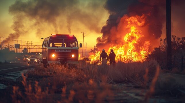 old van on fire in the background, paramedic truck parked on highway .