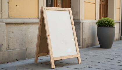 mockup Wooden A-frame Sign in Front of Building Exterior.