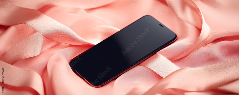 Poster Smartphone with blank screen resting on pink satin fabric, ideal for displaying your app design or branding