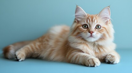 Obraz premium Fluffy kitten poses, studio, blue background, pet portrait