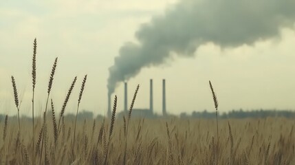 Obraz premium Fading landscape with tall grasses in the foreground, revealing industrial smokestacks under a hazy sky
