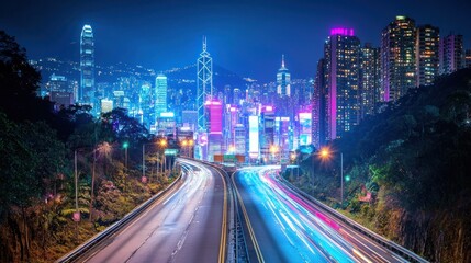 Fototapeta premium Hong Kong Cityscape Night Highway Light Trails