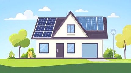 Naklejka premium Modern house with solar panels on gable roof, clean design, natural light, sustainable living concept