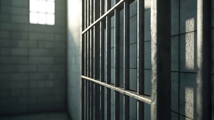 Closeup View of Metal Prison Bars in a Grey Brick Room