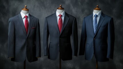 Three Elegant Men's Suits Displayed on Mannequins with Stylish Ties for Fashion Retail and Professional Use