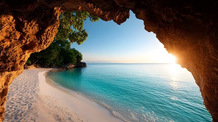 Fototapeta premium Experience the Serenity of a Turquoise Lagoon at Sunset, Embraced by Nature's Splendor and Beauty. Incredibly Beautiful Place Concept