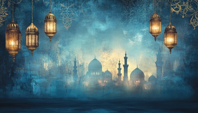 Ornate gold lanterns illuminate a mosque silhouette against a moody blue background.  A festive, spiritual atmosphere is evoked