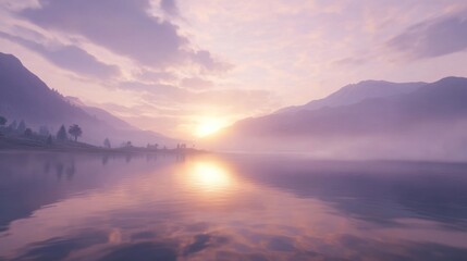 Obraz premium Serene Sunset Over Misty Mountain Lake