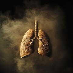 A surreal depiction of human lungs, surrounded by swirling smoke, symbolizing respiratory health and the impact of air quality.