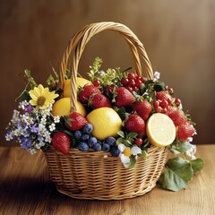 A vibrant basket filled with fresh berries, lemons, and flowers, showcasing a colorful arrangement of fruits and nature's beauty.
