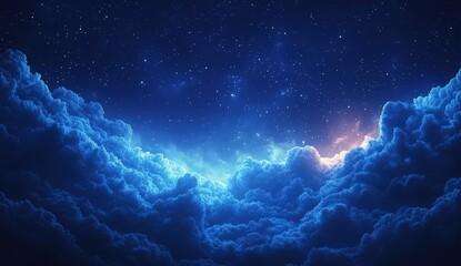 A serene starlit night sky above illuminated, fluffy clouds in shades of blue, creating a heavenly and tranquil celestial atmosphere.