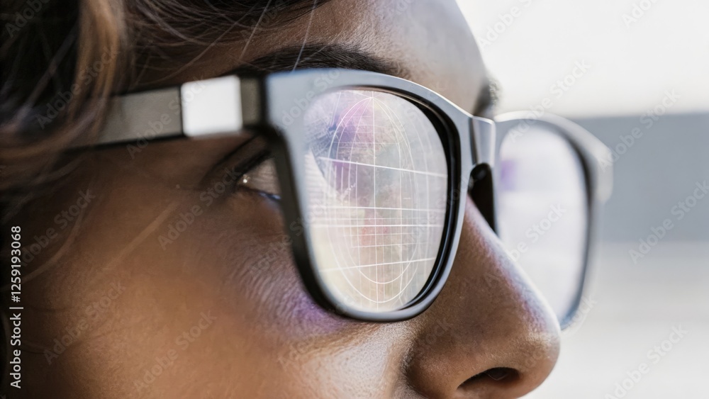 Poster a closeup of augmented reality glasses resting on a users face displaying intricate holographic data