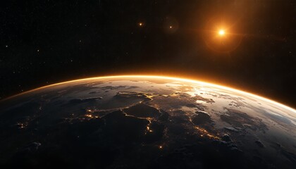 Obraz premium Earth From Space at Sunrise with City Lights and Starfield