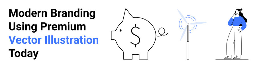 Piggy bank with dollar sign, wind turbine, and a thoughtful woman. Ideal for finance, sustainability, planning, investment, eco-friendly initiatives, productivity flat landing page banner