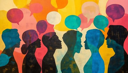 Colorful silhouettes engaged in vibrant conversation with speech bubbles