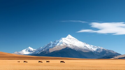Majestic Snow-Capped Peaks Overlook Grazing Animals in Verdant Alpine Meadow Under Brilliant Sky. Incredibly Beautiful Place Concept