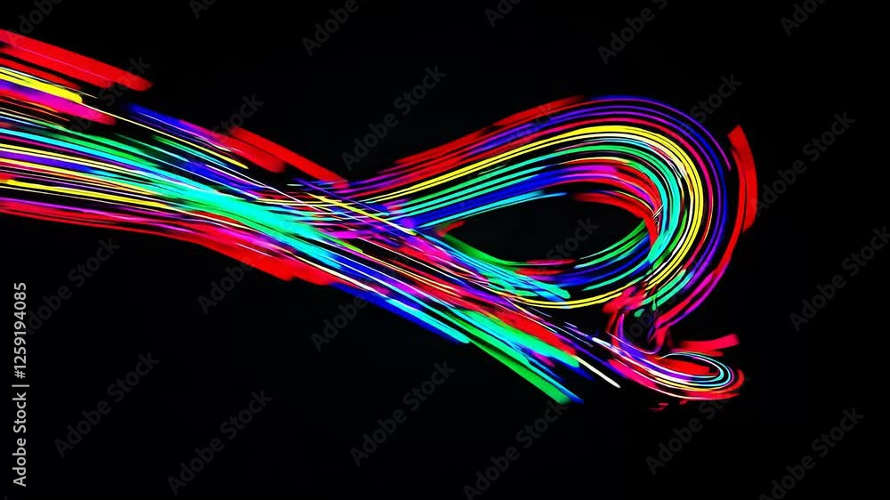 Poster dynamic neon light trails forming vibrant abstract patterns on a black background