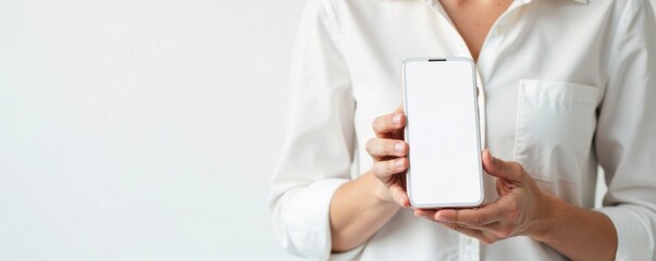 Woman hand holding smartphone mockup on white background, woman, phone