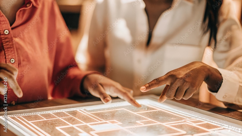 Poster closeup of a researcher manipulating a holographic blueprint with hand gestures focused intently whi