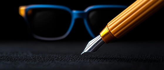 A close-up view of a fountain pen poised to write, with stylish blue glasses blurred in the background.